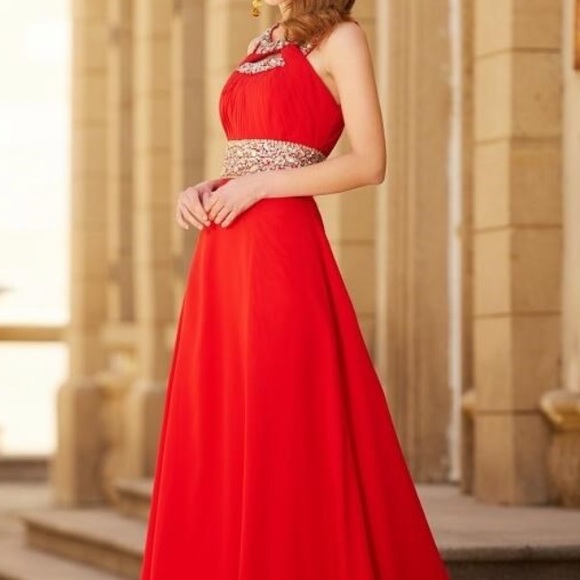 A line red haltered keyhole beaded ruched chiffon prom dress with slit XS/2 - Picture 3 of 17